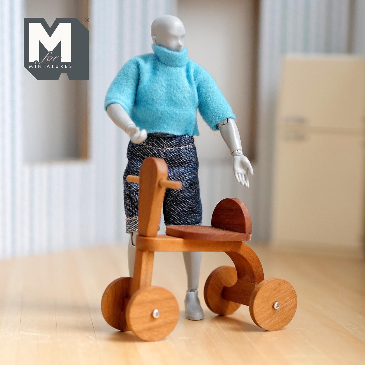 Miniature Wooden Tricycle 1:12 Scale Large Size Vintage Style Nursery Decor 3-1/8 inch tall - K012