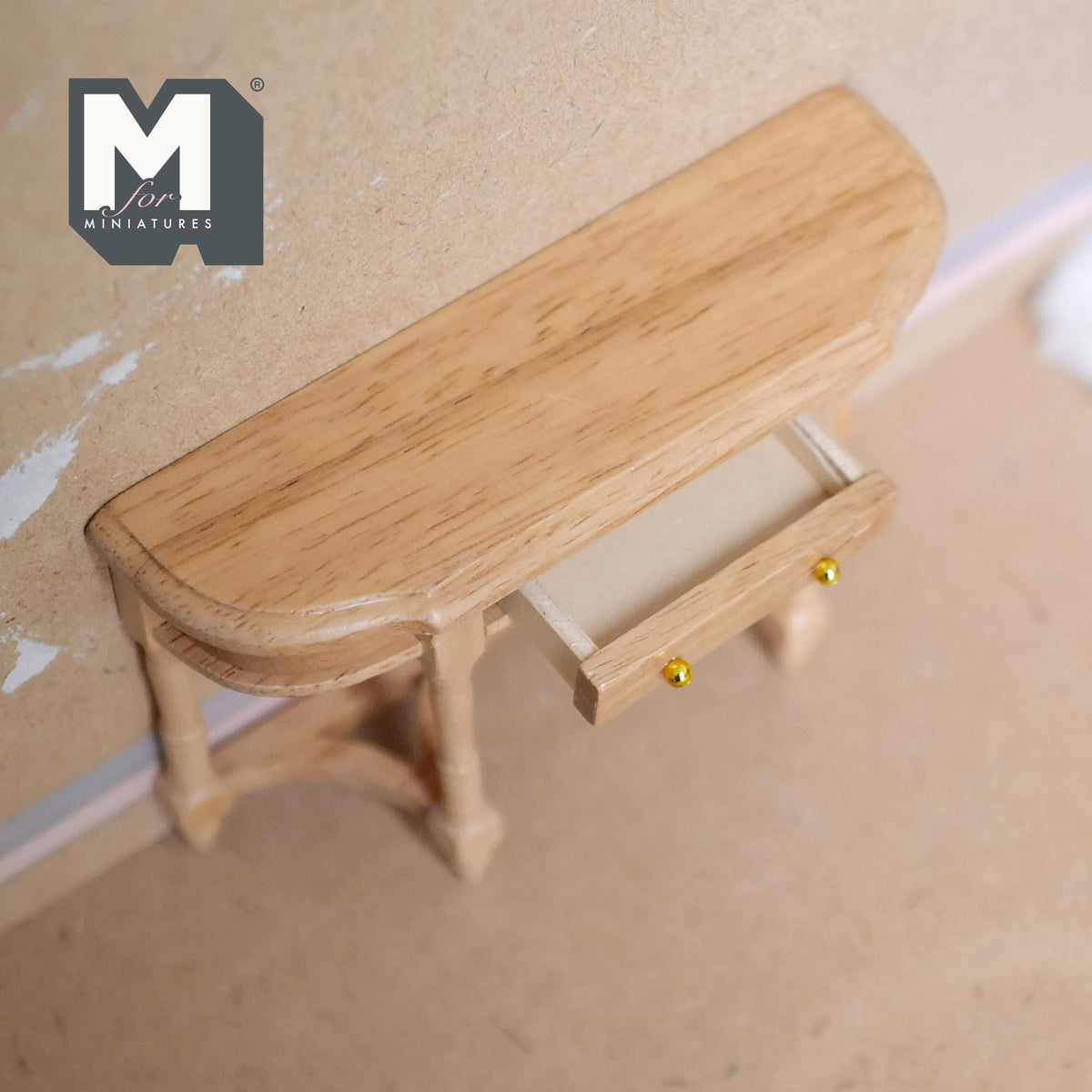 Miniature Stained Half Moon Table 1:12 Scale Dollhouse Foyer Furniture Table with Drawer Vanity Table Key Table 3 inch tall - H006
