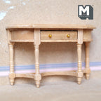 1:12 scale miniature half moon console table with drawer in natural stain with turned legs and a gold knob