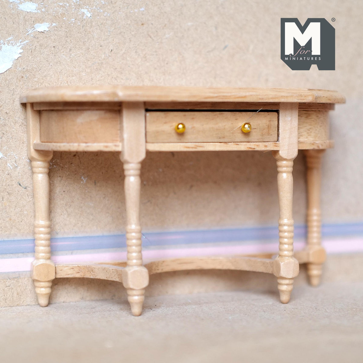 Miniature Stained Half Moon Table 1:12 Scale Dollhouse Foyer Furniture Table with Drawer Vanity Table Key Table 3 inch tall - H006