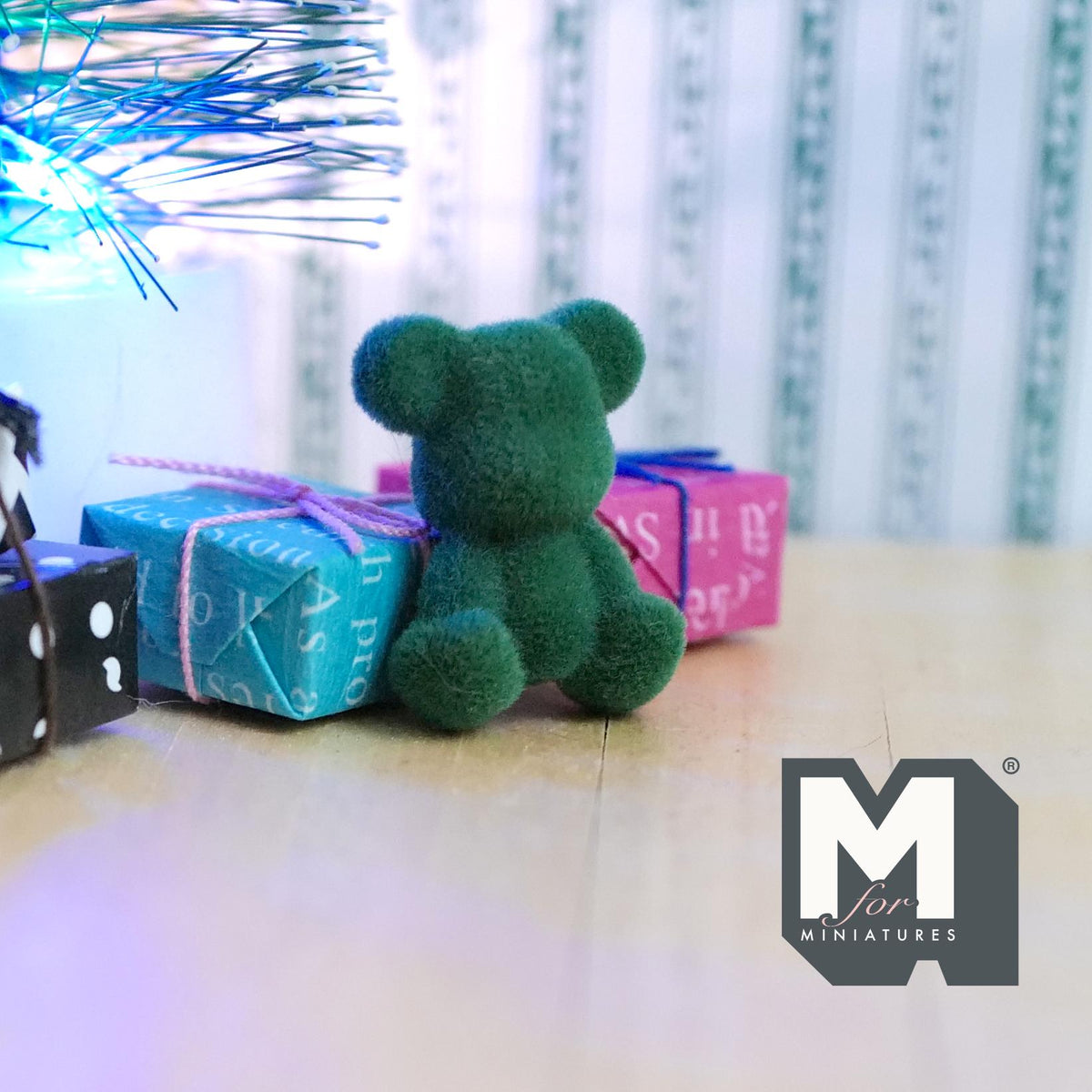 Dollhouse Miniature Bear Cub Doll 15/16 inch tall (flocked skin) (dark green) - G023