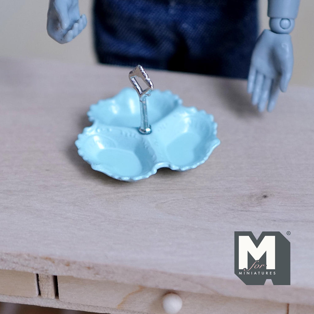 Miniature 3 Compartment Dish 1:12 Scale Dollhouse Kitchen Tri Section Scalloped Edge Tray Handle 13/16 inch tall (blue/silver) - E092