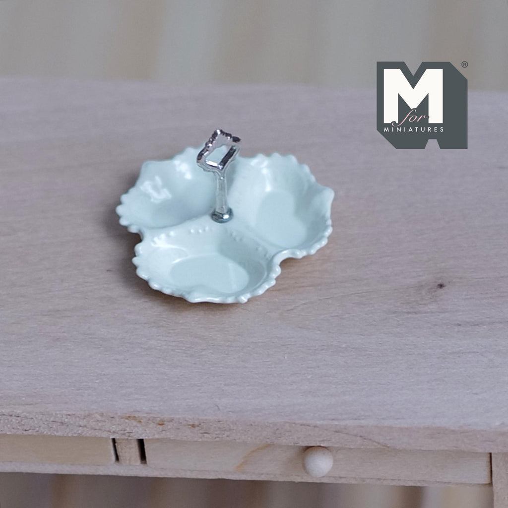 Miniature 3 Compartment Dish 1:12 Scale Dollhouse Kitchen Tri Section Scalloped Edge Tray Handle 13/16 inch tall (cream/silver) - E092