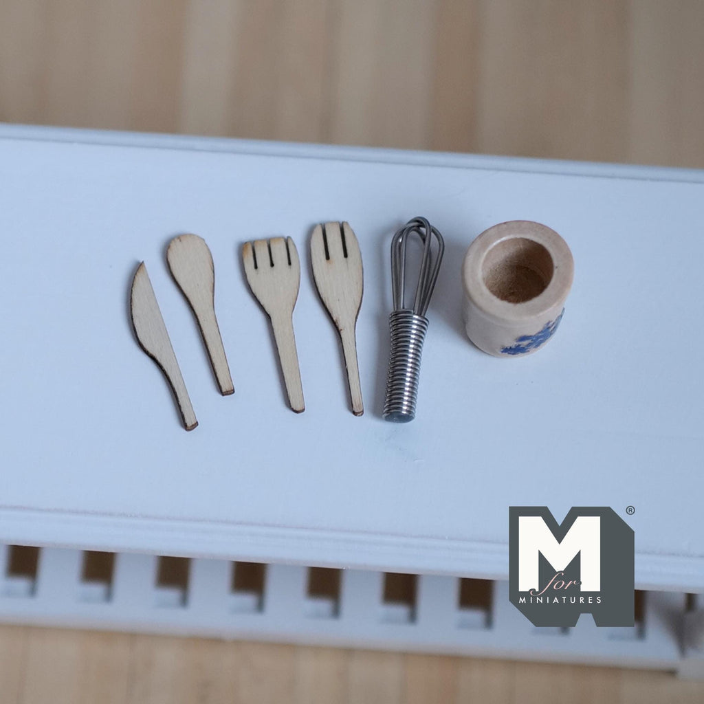 Miniature Wood Cooking Utensils and Wood Jar 1:12 Scale Dollhouse Kitchen Decor Set of 6 - A028