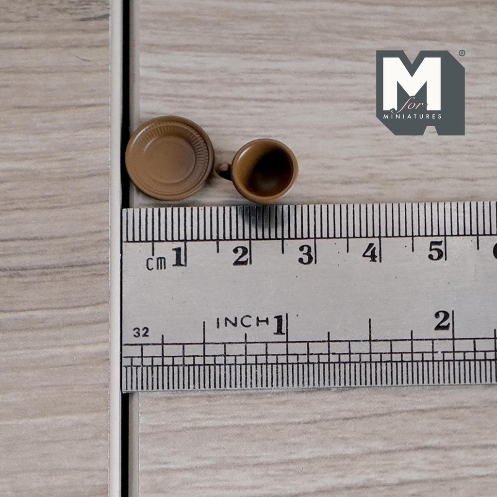 Miniature Tea Cup and Saucer Set 1:12 Scale Dollhouse Coffee Cup and Plate Kitchen Accessories (dark brown) - F074