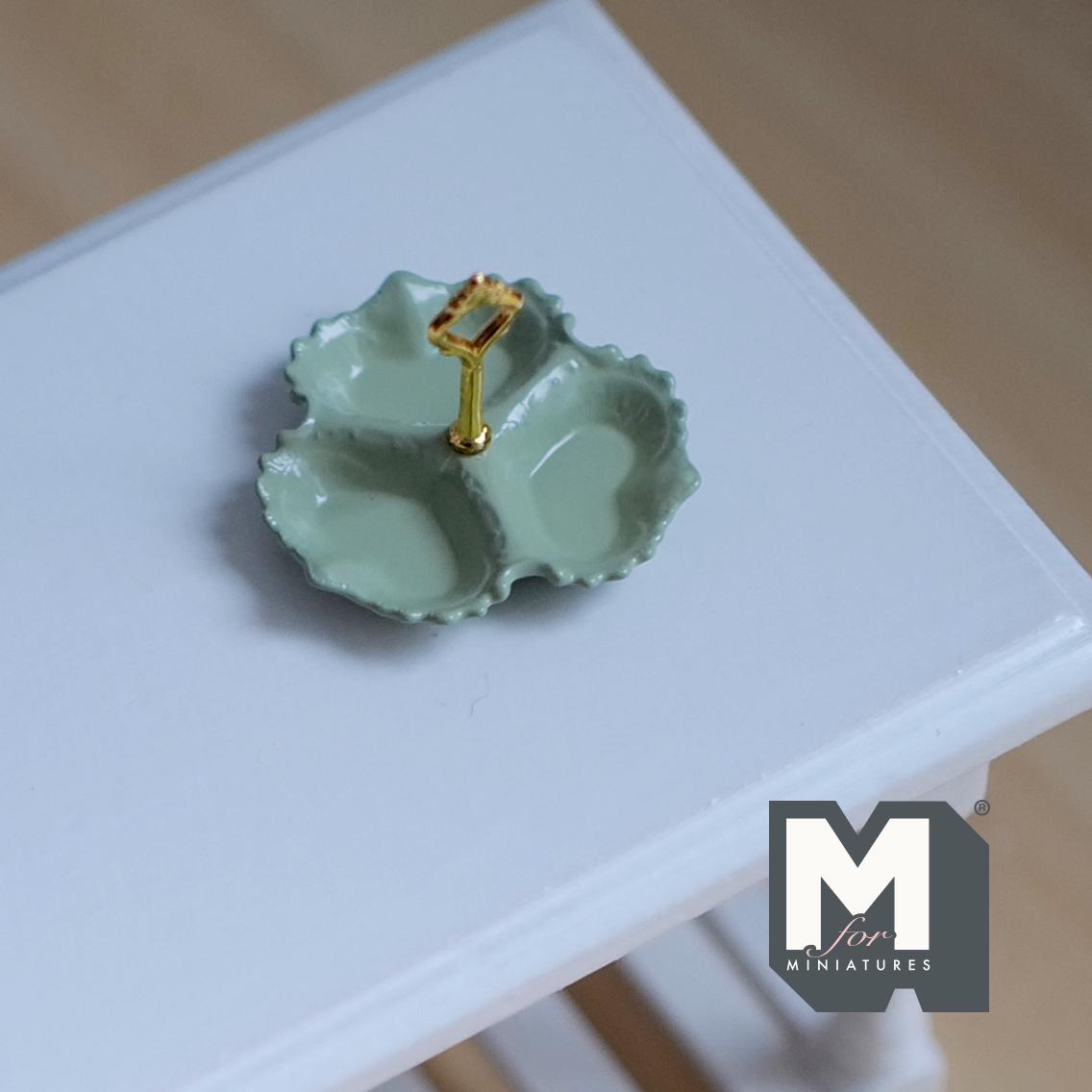 Miniature 3 Compartment Dish 1:12 Scale Dollhouse Kitchen Tri Section Scalloped Edge Tray Handle 13/16 inch tall (green/gold) - E092