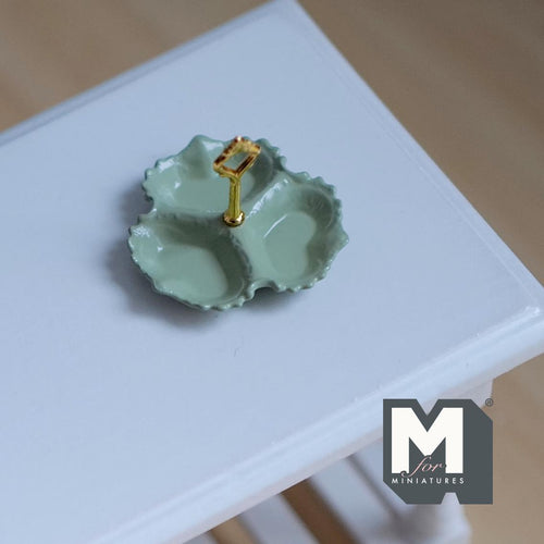 Miniature 3 Compartment Dish 1:12 Scale Dollhouse Kitchen Tri Section Scalloped Edge Tray Handle 13/16 inch tall (green/gold) - E092
