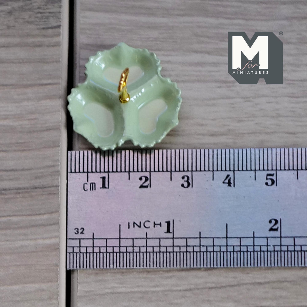 Miniature 3 Compartment Dish 1:12 Scale Dollhouse Kitchen Tri Section Scalloped Edge Tray Handle 13/16 inch tall (green/gold) - E092