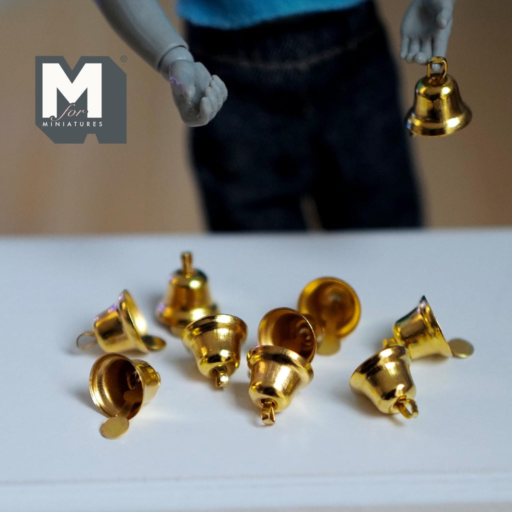1:12 Scale Miniature Metal Bells Set of 10, Craft Charms with Wire String, Wreaths and Garlands, 1/2 inch tall, Dollhouse Craft Supply