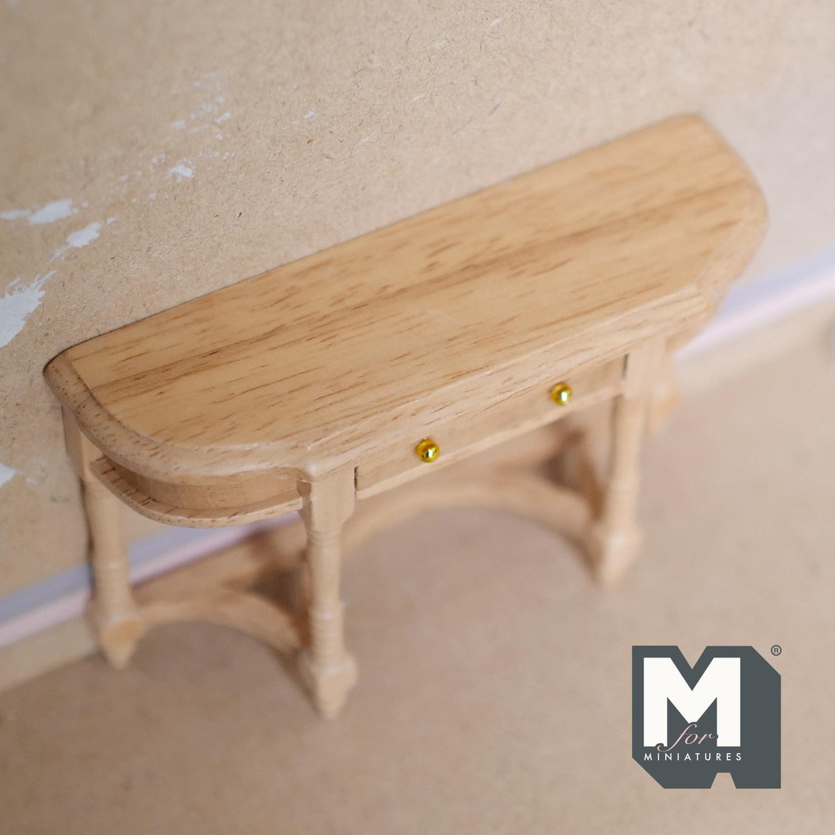 Miniature Stained Half Moon Table 1:12 Scale Dollhouse Foyer Furniture Table with Drawer Vanity Table Key Table 3 inch tall - H006