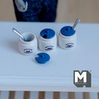 Miniature Kitchen Storage Jars and Spoons Set of 3, 1:12 Scale Dollhouse Kitchen Accessories Spice Jars 1/2 inch dia. (blue) (Metal)- E038