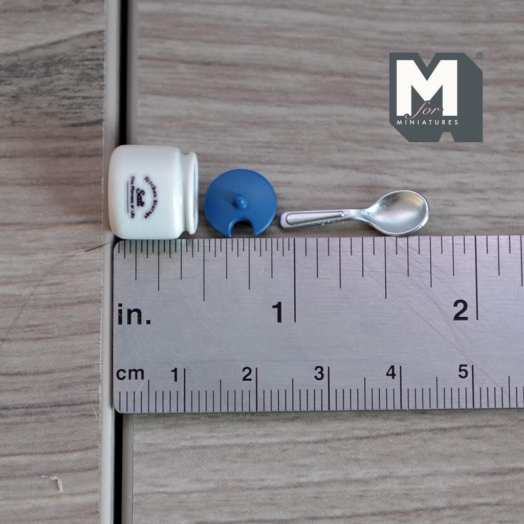 Miniature Kitchen Storage Jars and Spoons Set of 3, 1:12 Scale Dollhouse Kitchen Accessories Spice Jars 1/2 inch dia. (blue) (Metal)- E038