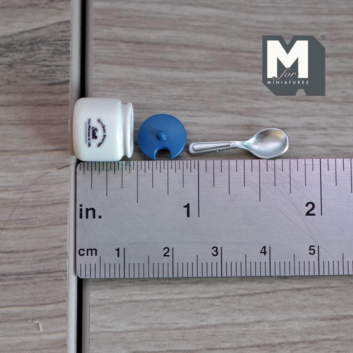 Miniature Kitchen Storage Jars and Spoons Set of 3, 1:12 Scale Dollhouse Kitchen Accessories Spice Jars 1/2 inch dia. (blue) (Metal)- E038