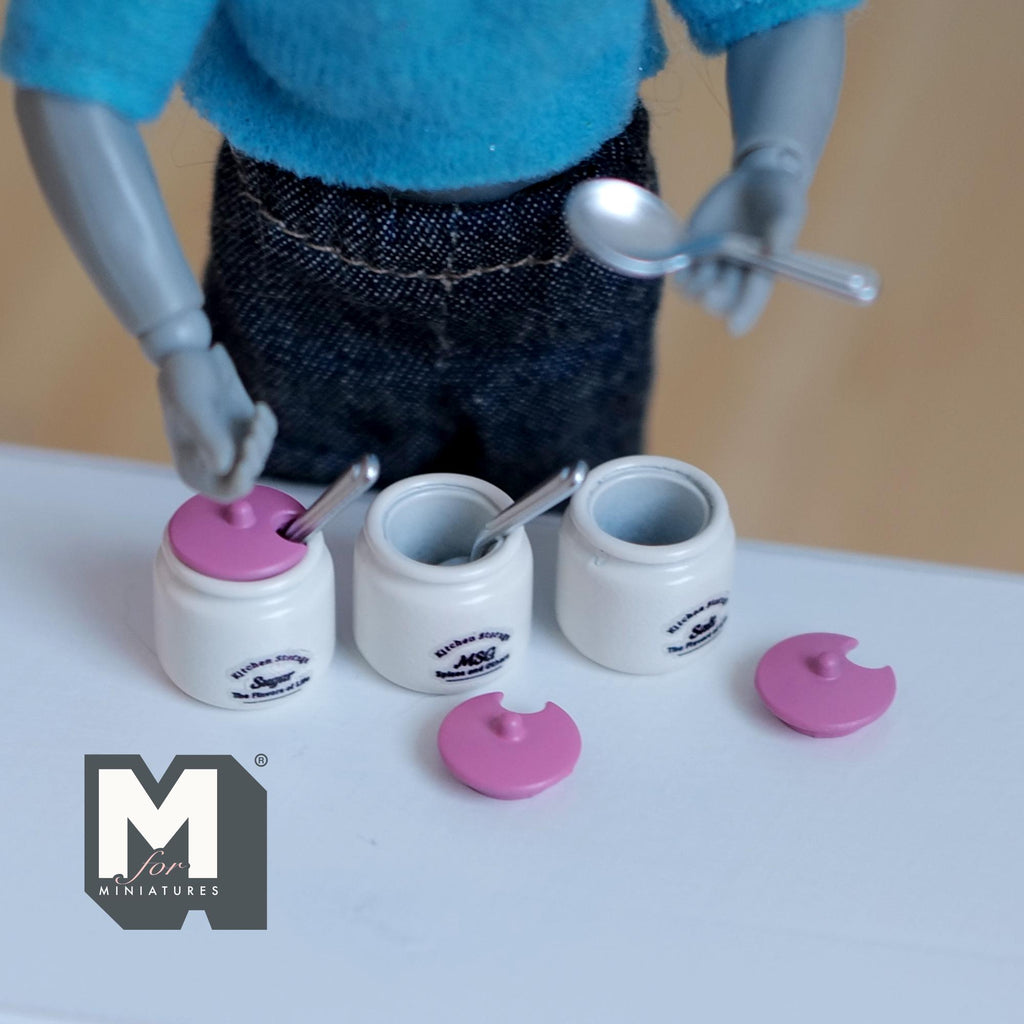 Miniature Kitchen Storage Jars and Spoons Set of 3, 1:12 Scale Dollhouse Kitchen Accessories Spice Jars 1/2 inch dia. (Metal)(pink) - E040