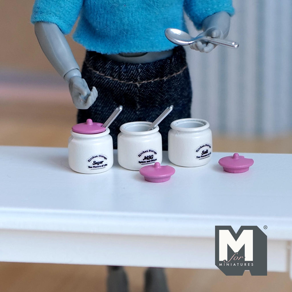 Miniature Kitchen Storage Jars and Spoons Set of 3, 1:12 Scale Dollhouse Kitchen Accessories Spice Jars 1/2 inch dia. (Metal)(pink) - E040