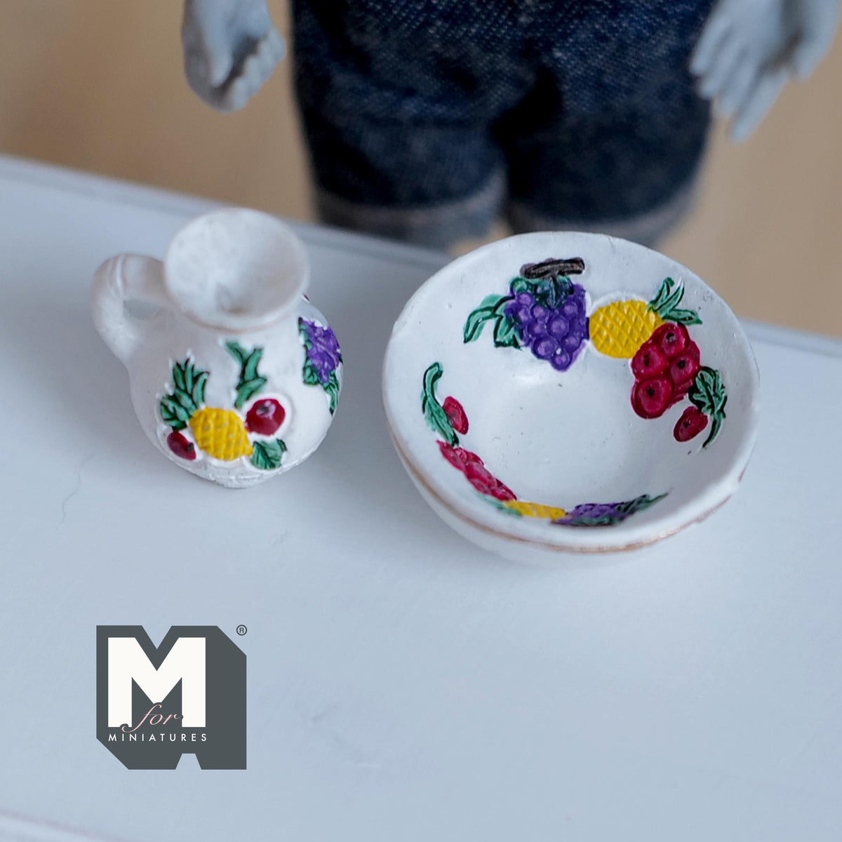 Miniature Fruit Pitcher and Bowl Set 1:12 Scale Dollhouse Hand-Painted Harvest Motif Set of 2 (resin) - B043
