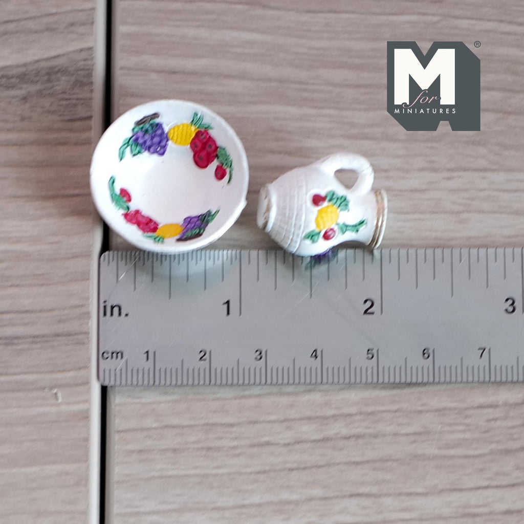 Miniature Fruit Pitcher and Bowl Set 1:12 Scale Dollhouse Hand-Painted Harvest Motif Set of 2 (resin) - B043