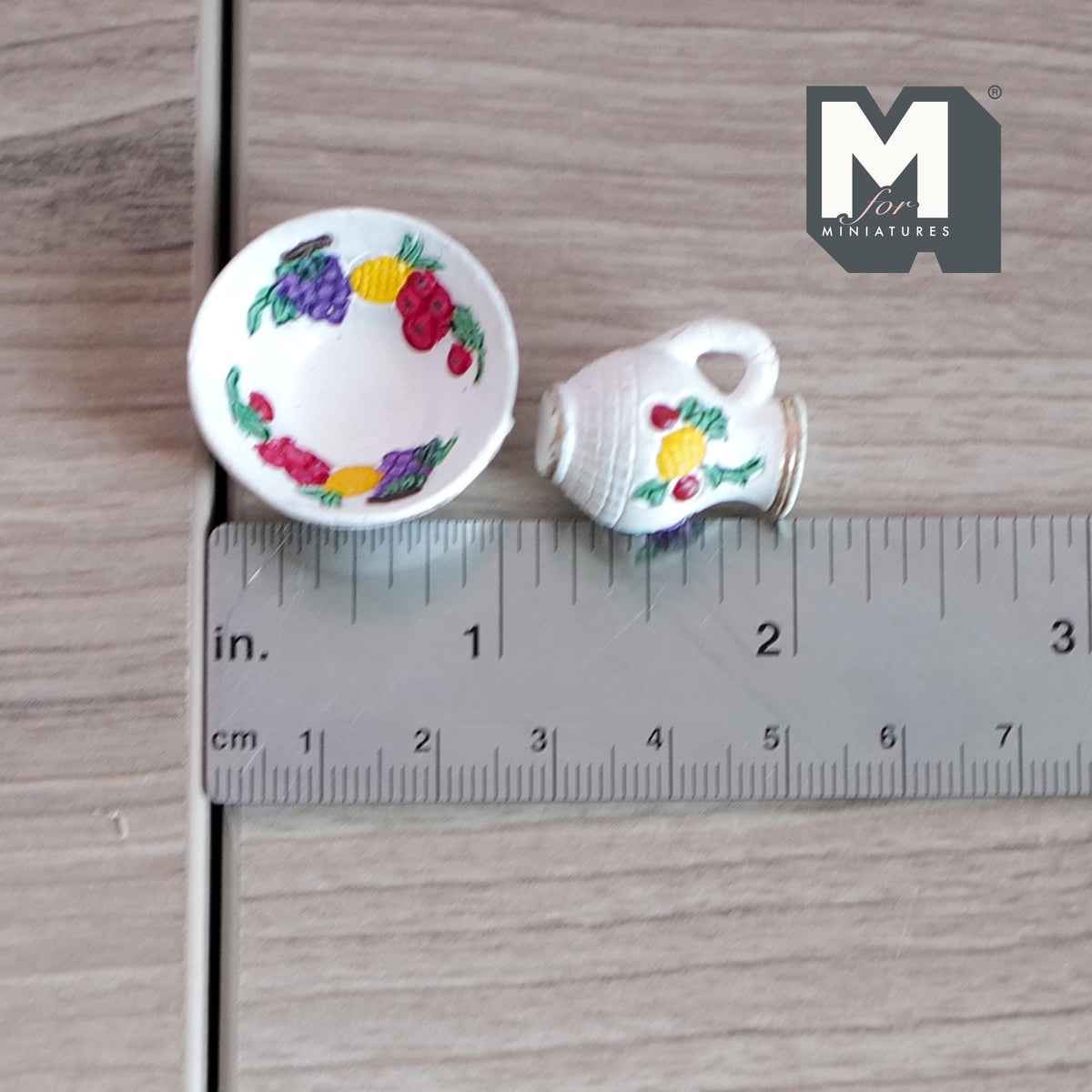 Miniature Fruit Pitcher and Bowl Set 1:12 Scale Dollhouse Hand-Painted Harvest Motif Set of 2 (resin) - B043