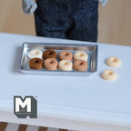 1:12 scale miniature assorted donuts with silver tray, 10 pieces in chocolate, glazed and plain, shown on a white table