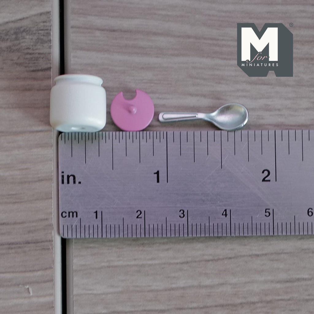 Miniature Kitchen Storage Jars and Spoons Set of 3, 1:12 Scale Dollhouse Kitchen Accessories Spice Jars 1/2 inch dia. (Metal)(pink) - E040