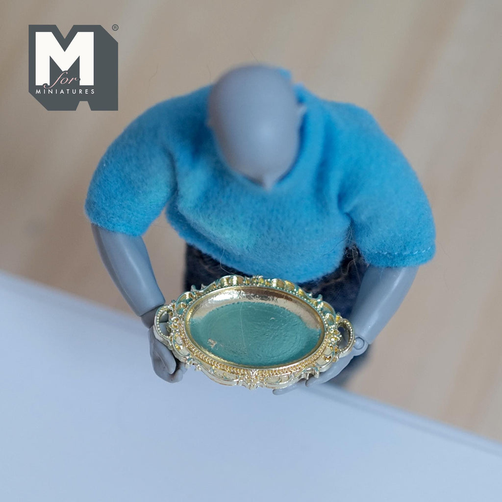 1:12 Scale Miniature Ornate Serving Tray Elegant Rococo Style Metal Platter for Dollhouse Dining and Afternoon Tea (gold) - F068