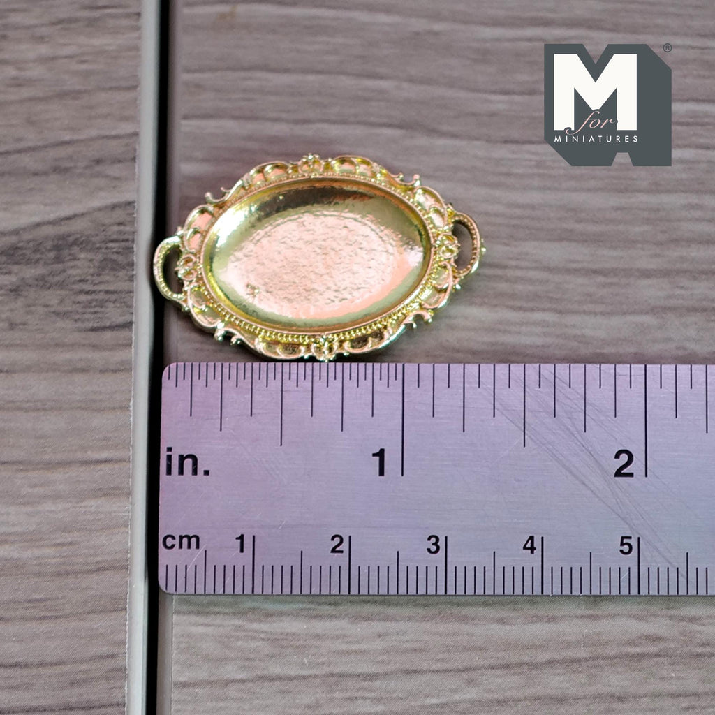 1:12 Scale Miniature Ornate Serving Tray Elegant Rococo Style Metal Platter for Dollhouse Dining and Afternoon Tea (gold) - F068