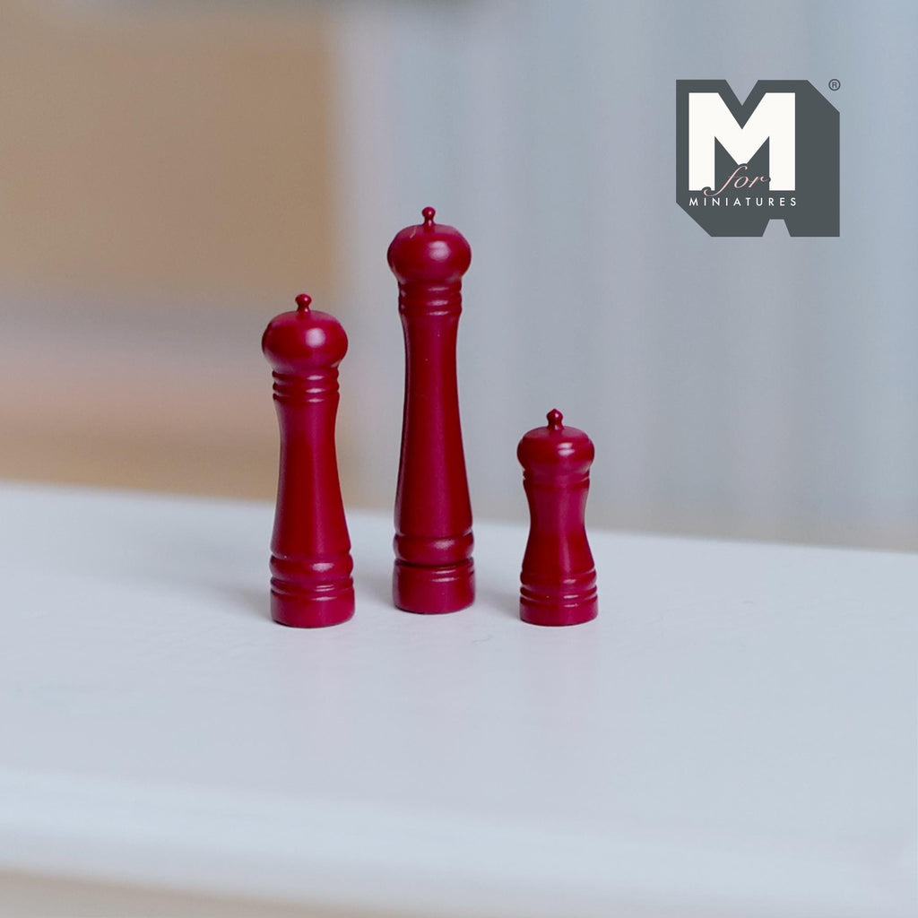 Miniature Salt and Pepper Grinders Set 1:12 Scale Dollhouse Kitchen Spice Mill Set of 3 (red) - F029