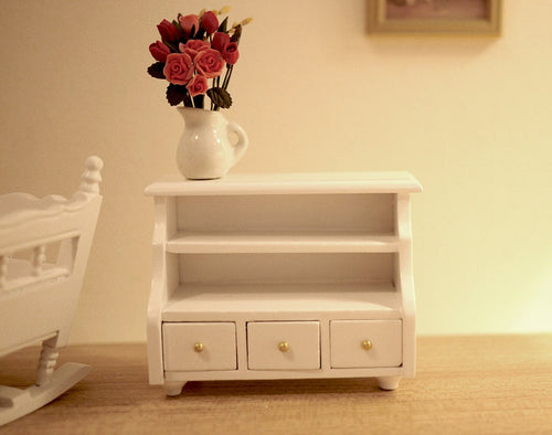 1:12 Scale Miniature Bathroom Storage Cabinet, Open Shelves and 2 Drawers, 3-1/16 inch wide, DIY Dollhouse Supply (white)