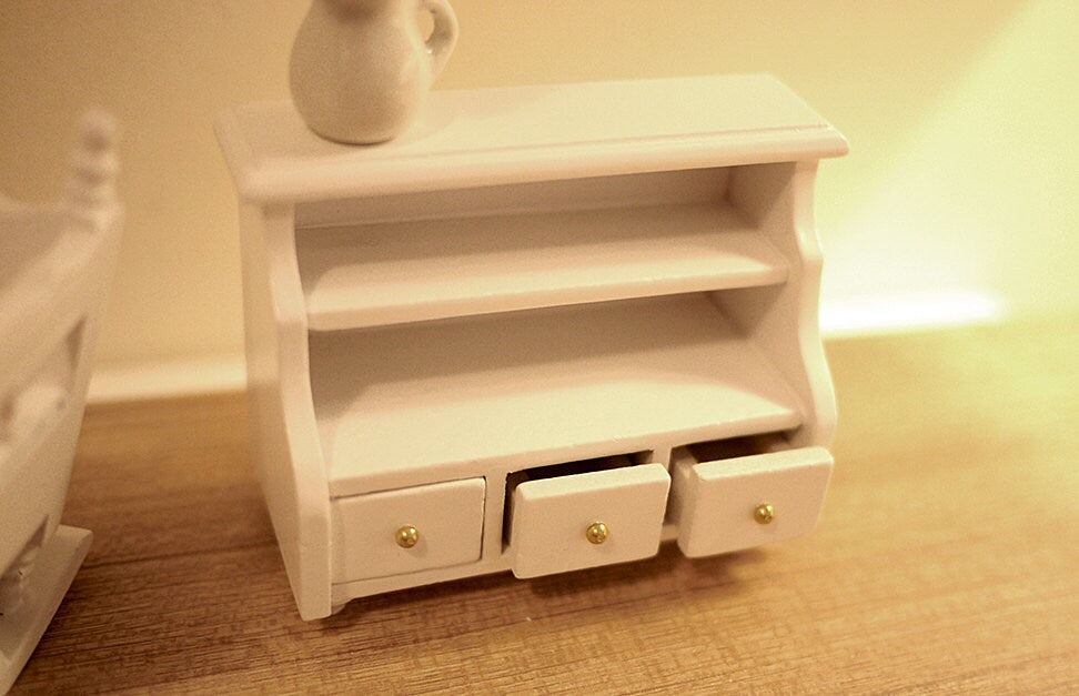 1:12 Scale Miniature Bathroom Storage Cabinet, Open Shelves and 2 Drawers, 3-1/16 inch wide, DIY Dollhouse Supply (white)