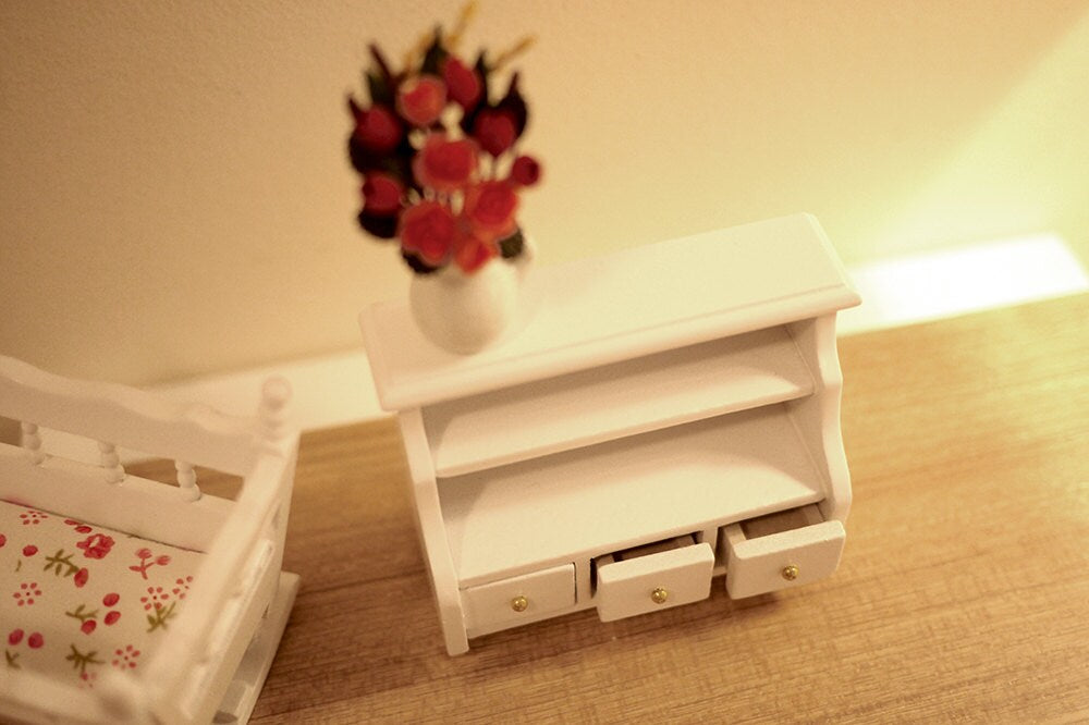 1:12 Scale Miniature Bathroom Storage Cabinet, Open Shelves and 2 Drawers, 3-1/16 inch wide, DIY Dollhouse Supply (white)