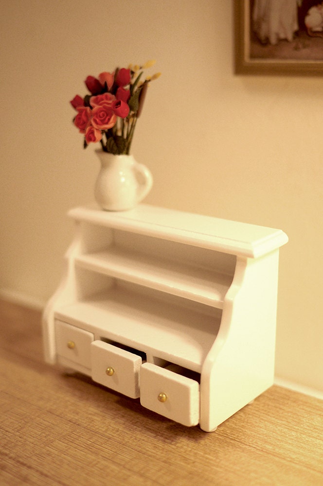 1:12 Scale Miniature Bathroom Storage Cabinet, Open Shelves and 2 Drawers, 3-1/16 inch wide, DIY Dollhouse Supply (white)