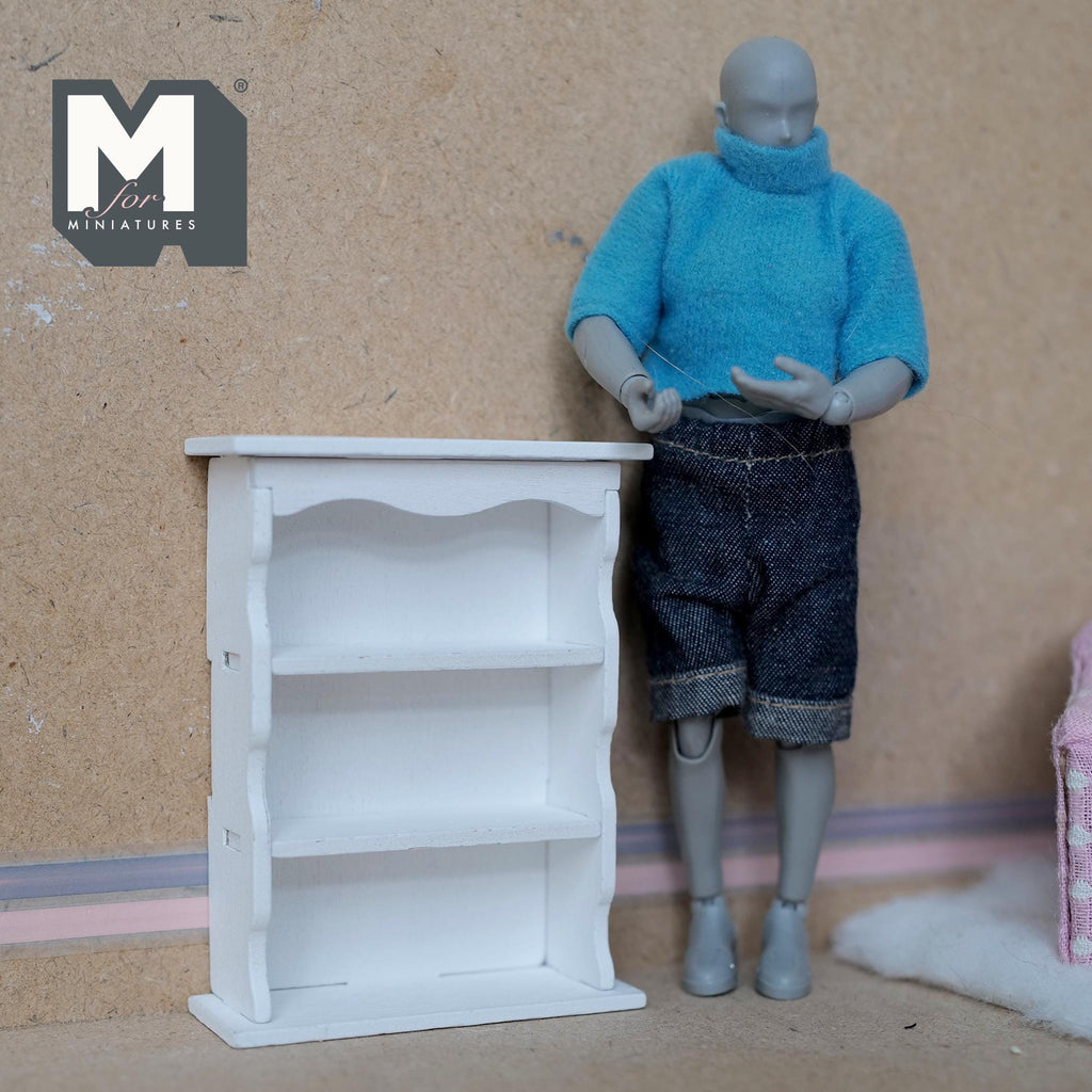 Miniature Scalloped Bookcase 1:12 Scale Wooden Bookshelf Dollhouse Furniture Display Cabinet 3-3/8 inch tall (white) - K021