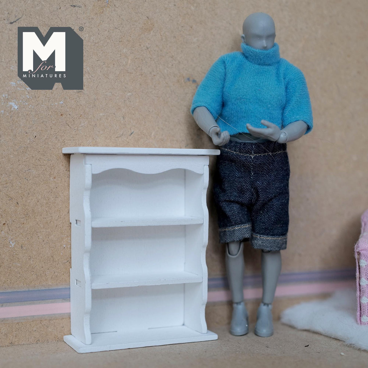 Miniature Scalloped Bookcase 1:12 Scale Wooden Bookshelf Dollhouse Furniture Display Cabinet 3-3/8 inch tall (white) - K021