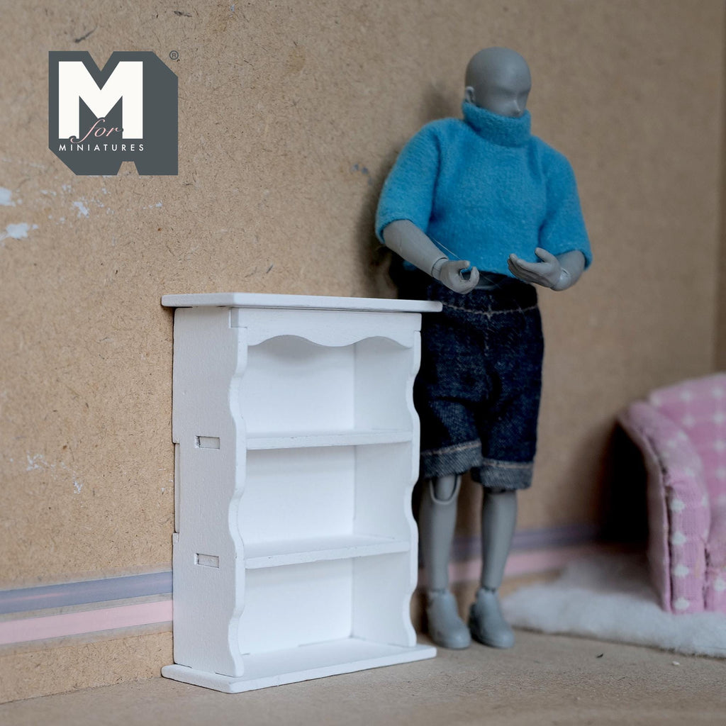 Miniature Scalloped Bookcase 1:12 Scale Wooden Bookshelf Dollhouse Furniture Display Cabinet 3-3/8 inch tall (white) - K021