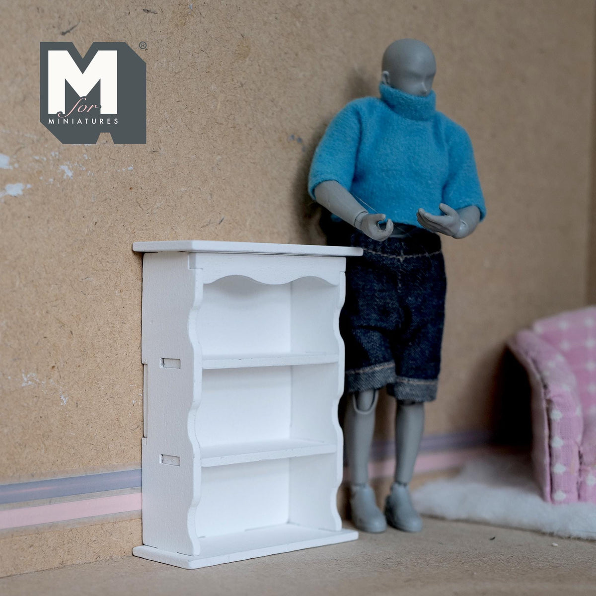 Miniature Scalloped Bookcase 1:12 Scale Wooden Bookshelf Dollhouse Furniture Display Cabinet 3-3/8 inch tall (white) - K021