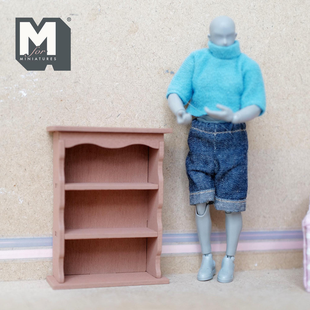 Miniature Scalloped Bookcase 1:12 Scale Wooden Bookshelf Dollhouse Furniture Display Cabinet 3-3/8 inch tall (gray) - K021