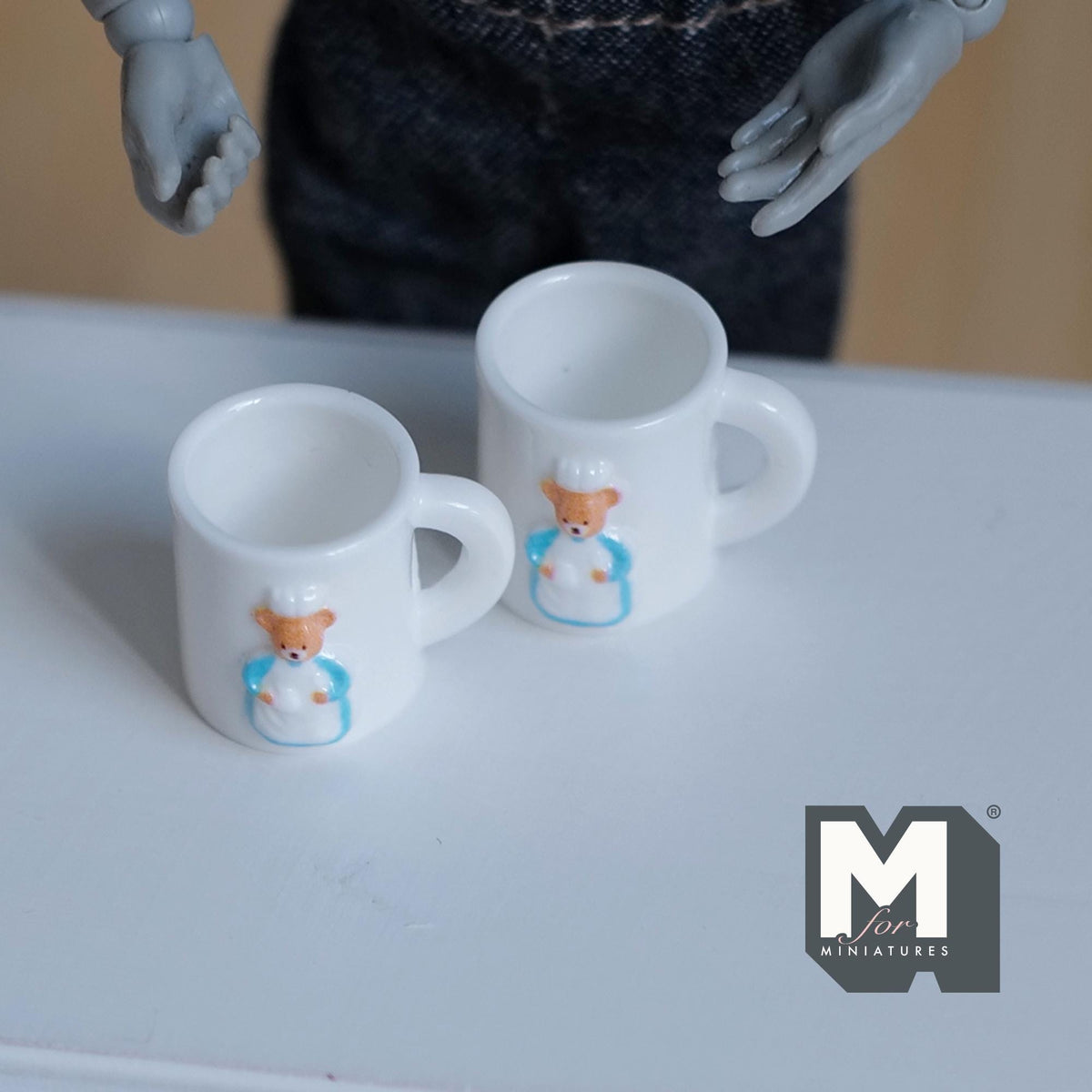 Miniature Bear Themed Coffee Mugs Set of 2 , 1:12 Scale Dollhouse Drinkware 5/8 inch tall (resin) - A028