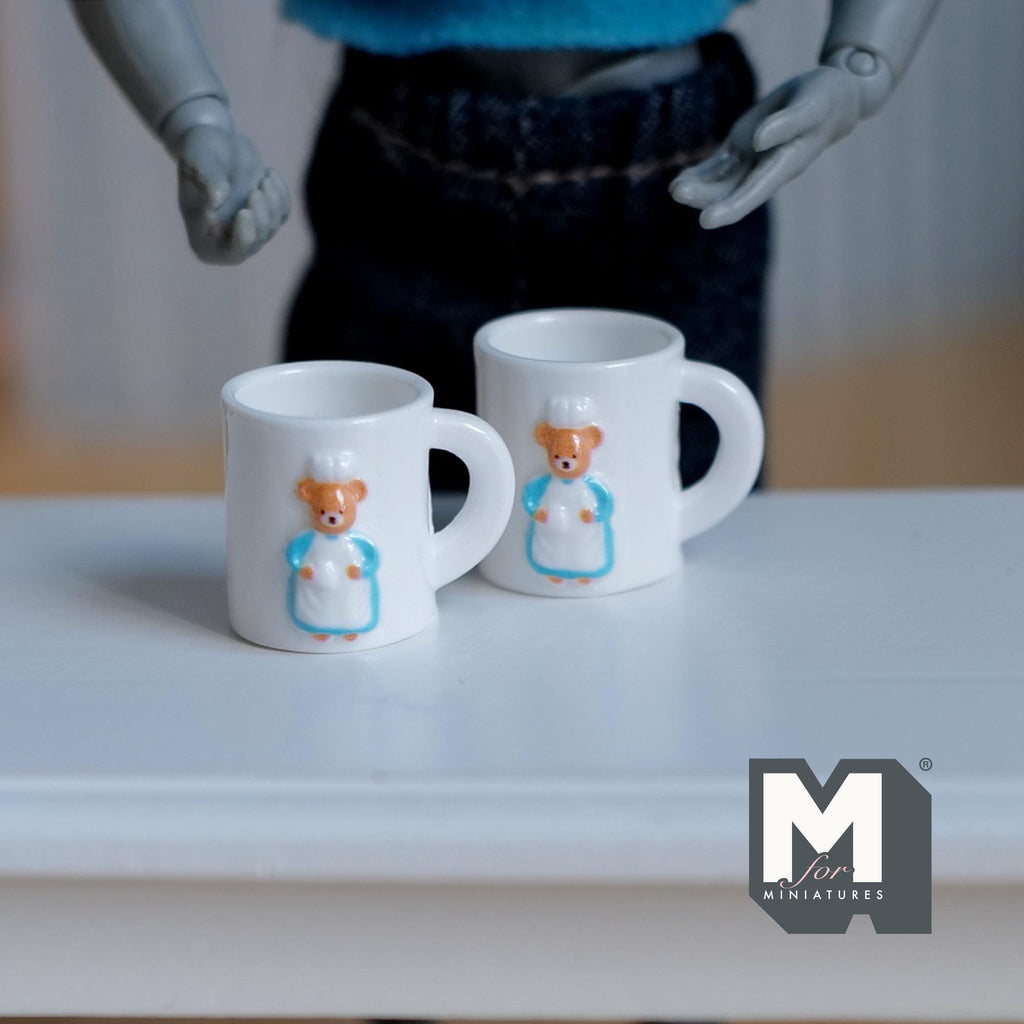 Miniature Bear Themed Coffee Mugs Set of 2 , 1:12 Scale Dollhouse Drinkware 5/8 inch tall (resin) - A028