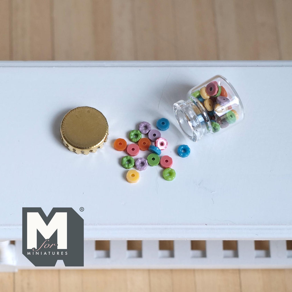 Miniature Fruit Rings Cereal in Glass Jar with Gold Lid 1:12 Scale Dollhouse Kitchen Food Accessory - C056