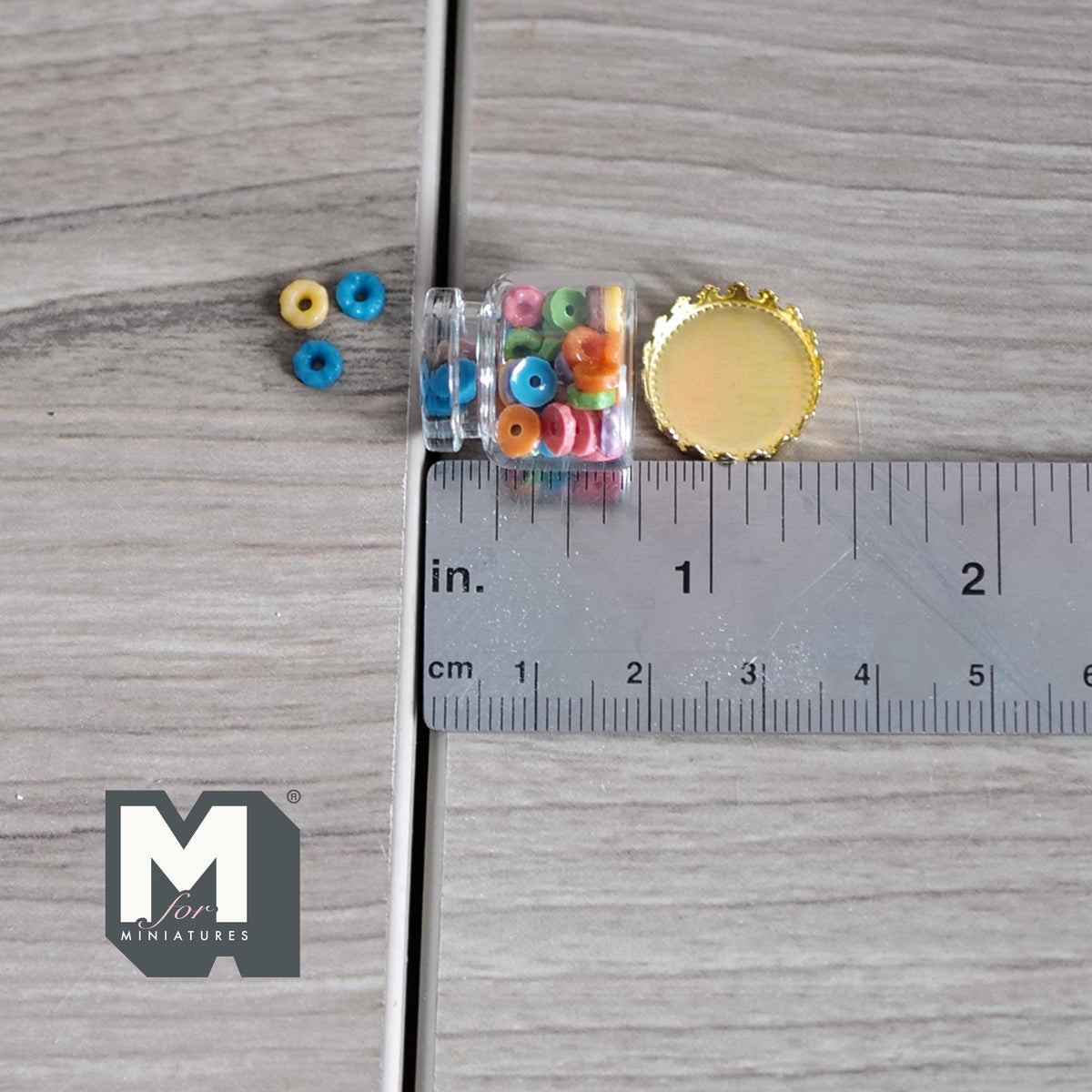 Miniature Fruit Rings Cereal in Glass Jar with Gold Lid 1:12 Scale Dollhouse Kitchen Food Accessory - C056