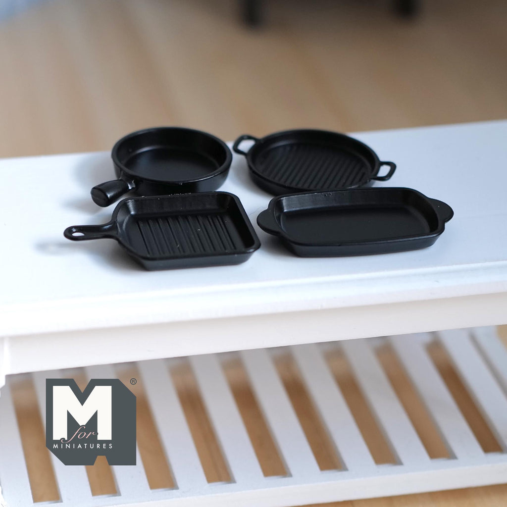 1:12 Scale Miniature Metal Cooking Pan Dollhouse Cookware and Bakeware set 4piece Round Baker Square Skillet Grill (black) - E060