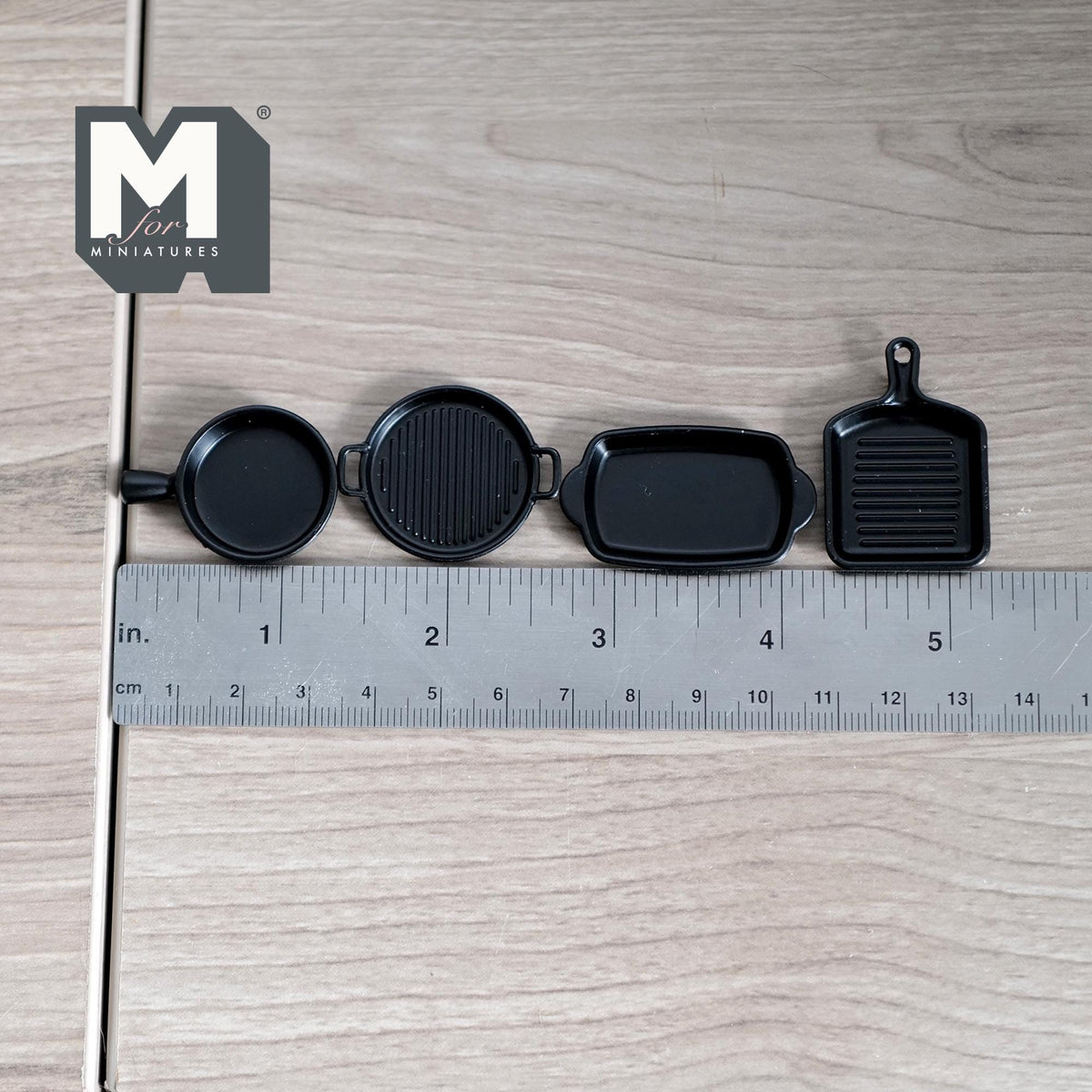1:12 Scale Miniature Metal Cooking Pan Dollhouse Cookware and Bakeware set 4piece Round Baker Square Skillet Grill (black) - E060