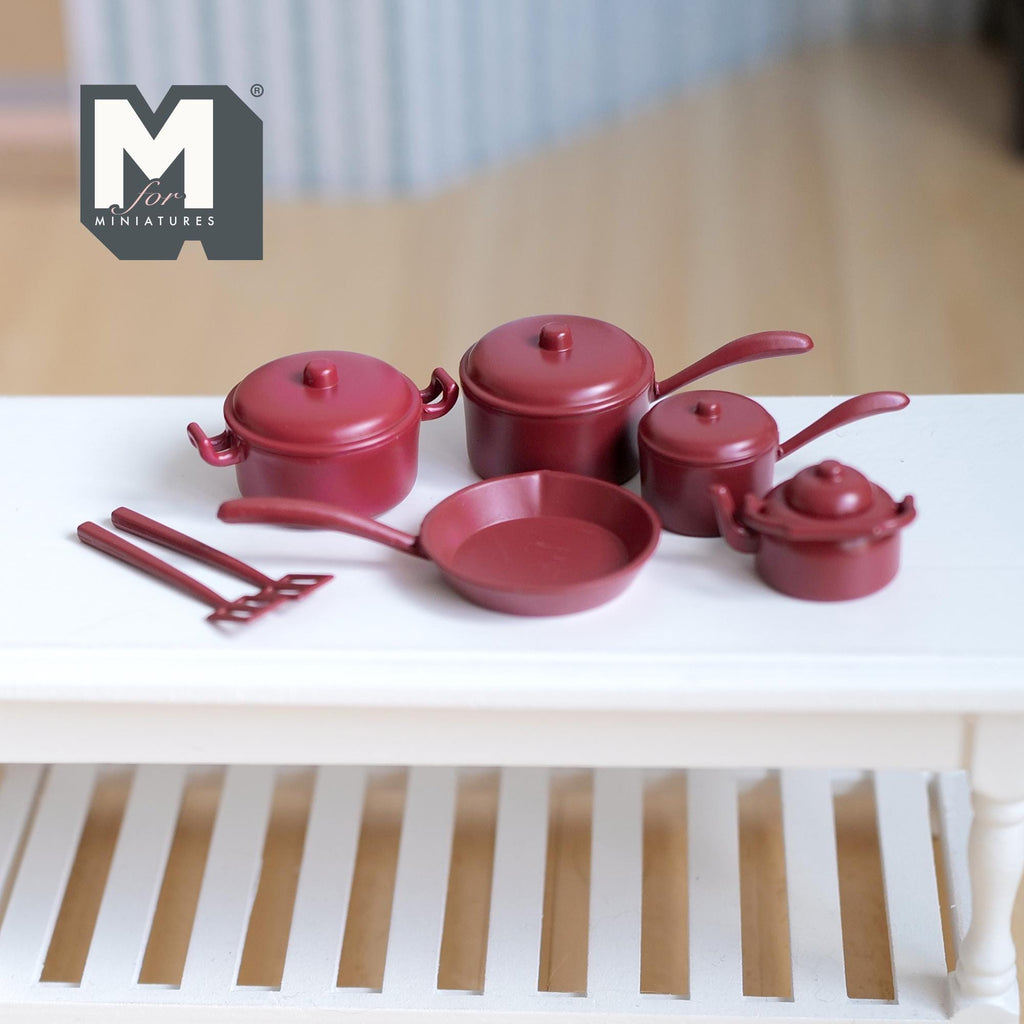 Miniature Metal Cookware Set 1:12 Scale Frying Pan Saucepans Stockpot Kettle Spatulas Set of 7 Dollhouse Kitchenware (red) - A078
