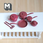 Miniature Metal Cookware Set 1:12 Scale Frying Pan Saucepans Stockpot Kettle Spatulas Set of 7 Dollhouse Kitchenware (red) - A078