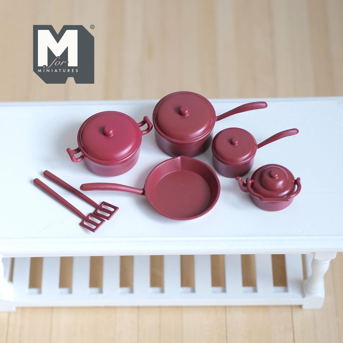 Miniature Metal Cookware Set 1:12 Scale Frying Pan Saucepans Stockpot Kettle Spatulas Set of 7 Dollhouse Kitchenware (red) - A078