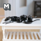 Miniature Metal Cookware Set 1:12 Scale Frying Pan Saucepans Stockpot Kettle Spatulas Set of 7 Dollhouse Kitchenware (black) - A078