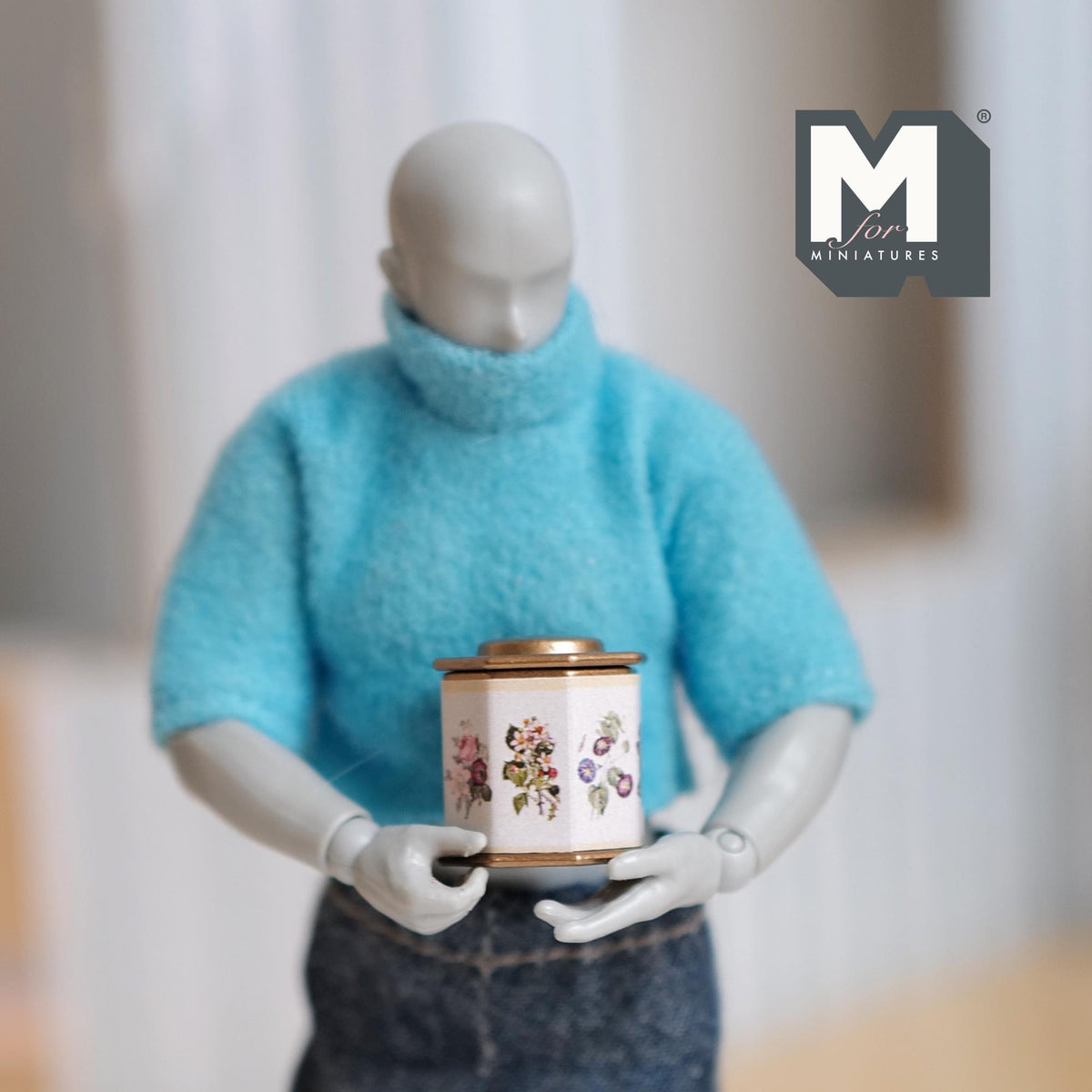 Miniature Tea Tin 1:12 Scale Dollhouse Kitchen Octagonal Floral Canister with Removable Lid 11/16 inch dia. - H024
