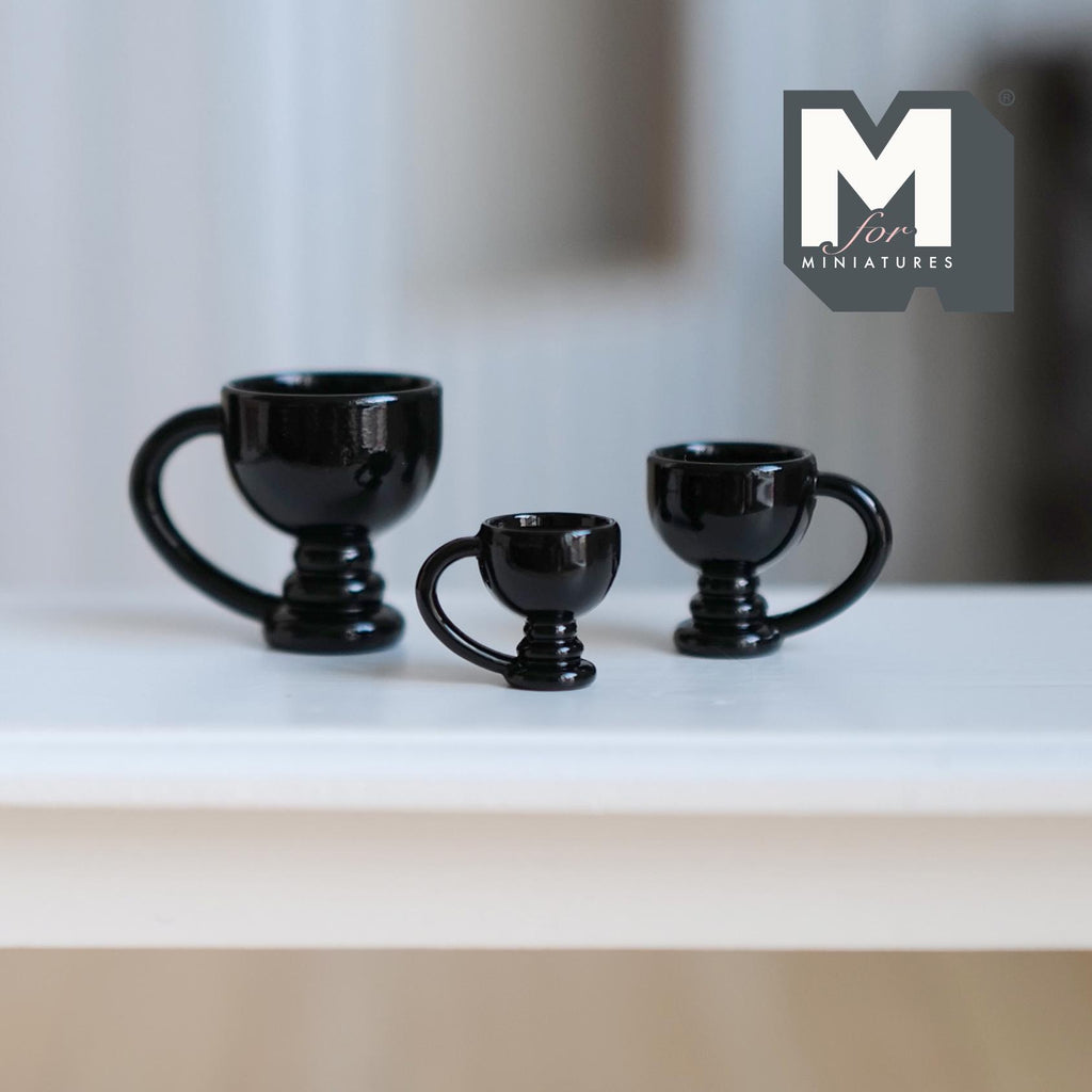 Miniature Pedestal Mug Set 1:12 Scale Dollhouse Footed Mugs Set of 3 (black) (metal)  - A057