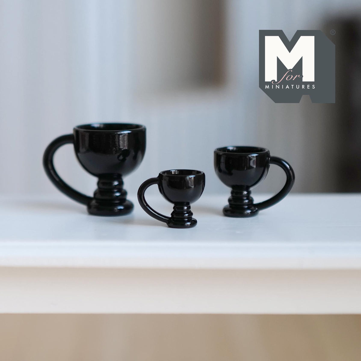 Miniature Pedestal Mug Set 1:12 Scale Dollhouse Footed Mugs Set of 3 (black) (metal)  - A057