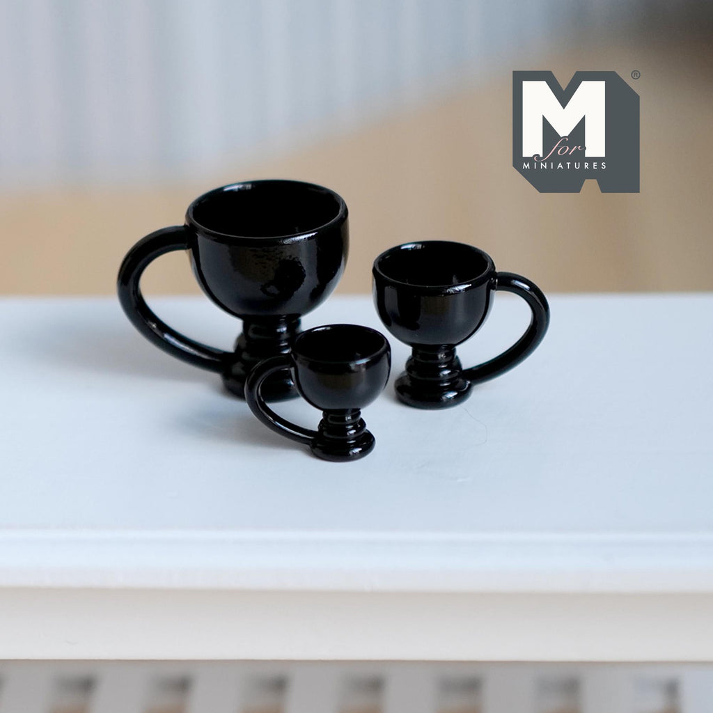 Miniature Pedestal Mug Set 1:12 Scale Dollhouse Footed Mugs Set of 3 (black) (metal)  - A057